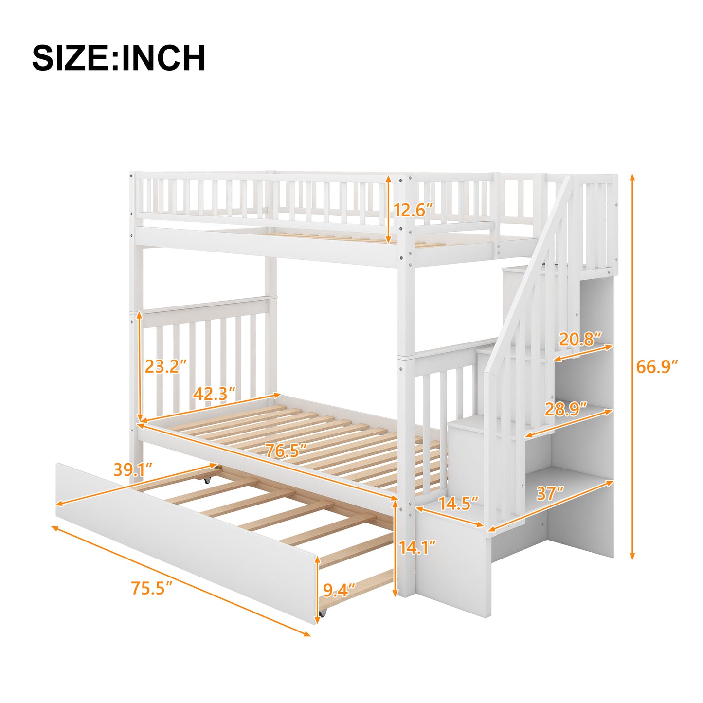 Twin over Twin Bunk Bed with Trundle and Storage  White