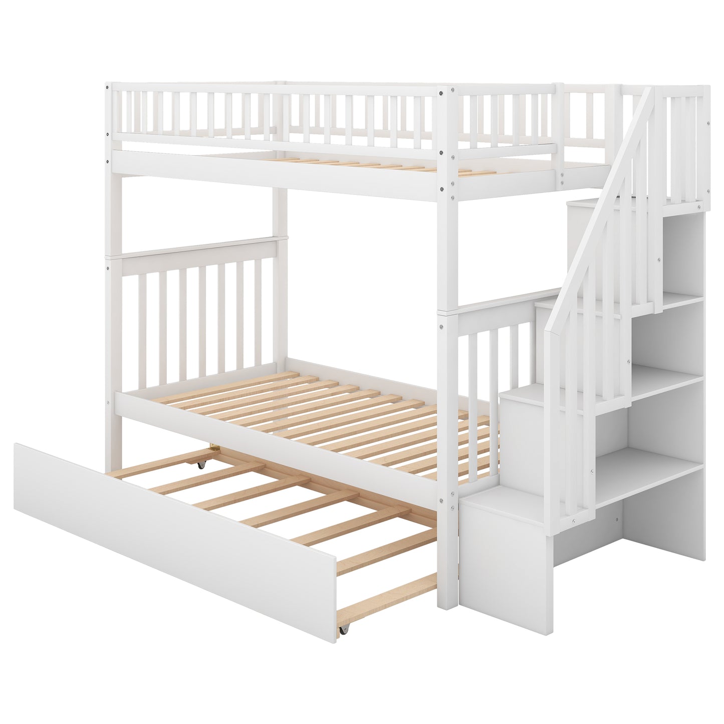 Twin over Twin Bunk Bed with Trundle and Storage  White