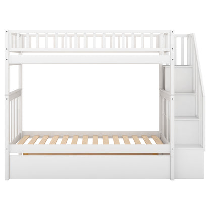 Twin over Twin Bunk Bed with Trundle and Storage  White